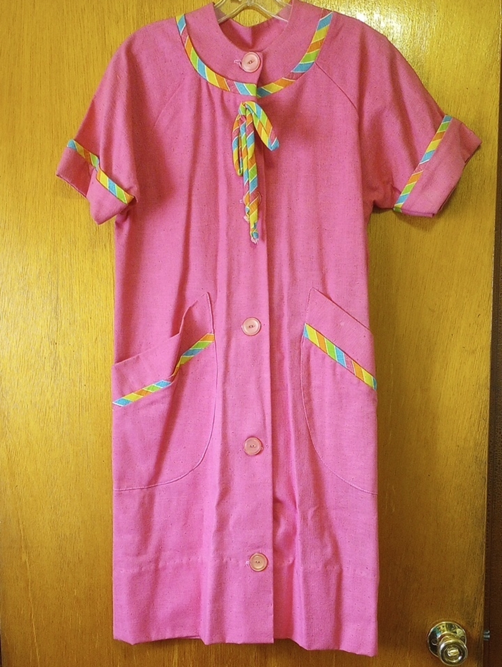 Vintage Retro Casual Fuschia Linen Dress w/ Colorful Striped Bow & Pockets, Med?